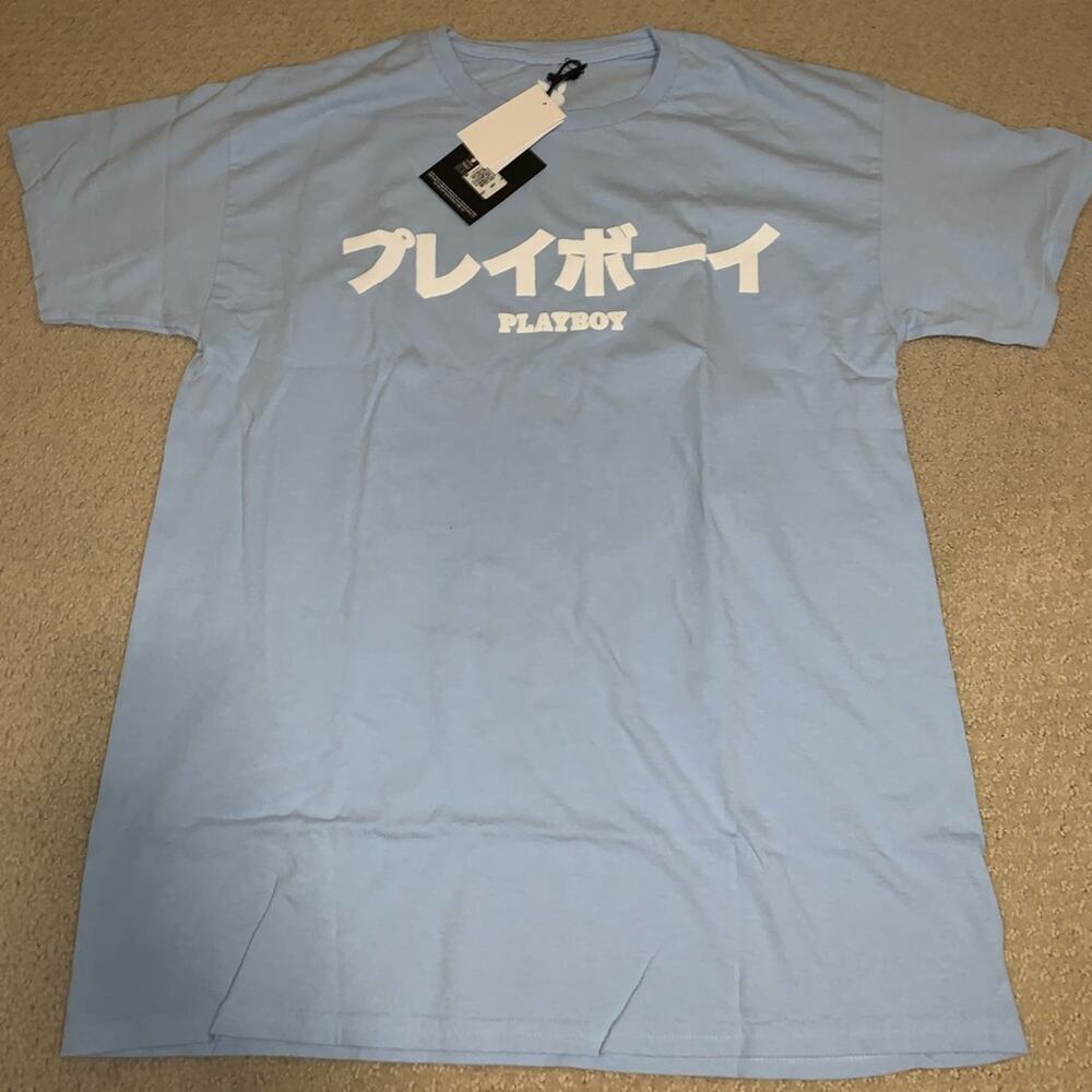 NWT Tilly’s Baby Blue Playboy Shirt with Kanji